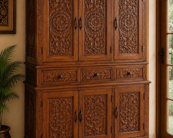 Armario despensa de madera maciza tallado a mano / Armario de almacenamiento de cocina / Armario para oración / Armario para sala de estar / Construcción de dos piezas / Con medidas