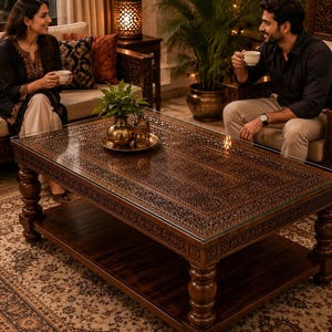 May include: A rectangular wooden coffee table featuring intricate hand-carved floral patterns across its surface, topped with a clear glass pane, supported by four sturdy turned legs, and including a lower shelf for storage.