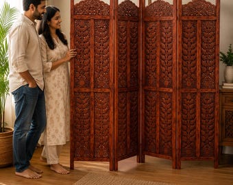 Paravent en bois sculpté à la main | Cloison privée pliante | Décoration d'intérieur bohème rustique