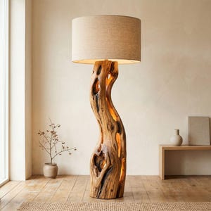 Lámpara de pie con forma de tronco de árbol – Madera de olivo hecha a mano, iluminación moderna y orgánica, lámpara escultural única