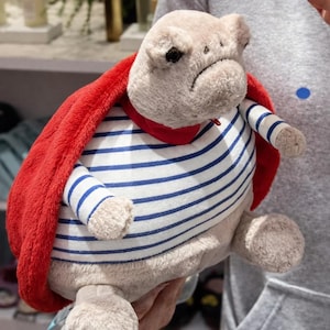 May include: A soft toy pig with a red cape and a blue and white striped top. The pig has a grumpy face and is held by someone wearing a grey hoodie. The toy is a plush item.