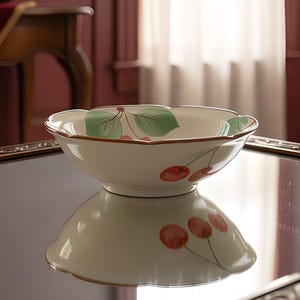 May include: A white ceramic bowl with a cherry design. The bowl has a scalloped rim and is decorated with red cherries and green leaves. The bowl is sitting on a mirrored surface.
