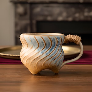 Puede incluir: Taza de cerámica artesanal con un diseño ondulado único en tonos beige y azul. La taza tiene un asa envuelta en cuerda y descansa sobre tres pequeños pies. Es un artículo decorativo.