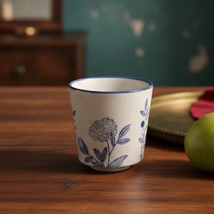 Puede incluir: Una taza de cerámica de color crema con acabado moteado y borde azul. El exterior presenta una ilustración botánica azul de flores y hojas. Una pera verde individual se encuentra a la derecha de la taza sobre una superficie de madera.