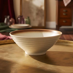 May include: A cream ceramic bowl with a brown rim is on a gold tray. The bowl has a textured, ridged design. The background includes a wooden desk, a mirror, and decorative items, suggesting a home decor theme.