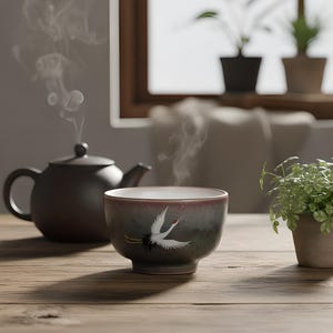 日本の陶器製ティーカップ｜鶴のデザイン、素朴な陶器｜侘び寂びのマグカップ、女性への贈り物