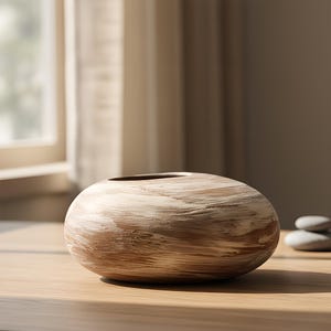 May include: An oval-shaped vase with a brown and white painted finish. The vase has a wide opening and sits on a wooden surface. The design features a textured, brushstroke effect, adding a rustic touch to the home decor.