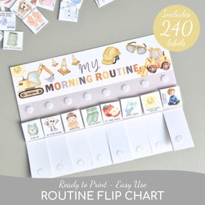 May include: A colorful "My Morning Routine" flip chart with illustrations of daily activities. Includes 240 labels. The chart features images of a construction theme, including a yellow excavator and a hard hat. Text at the bottom reads "Ready to Print - Easy Use ROUTINE FLIP CHART."