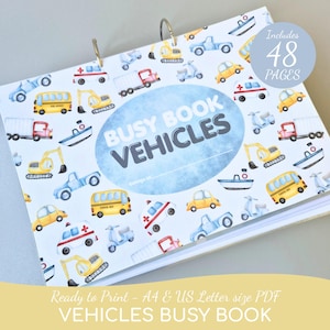 May include: A spiral-bound "Busy Book" with a cover featuring watercolor illustrations of various vehicles, including cars, trucks, and boats. The title "Busy Book Vehicles" is displayed prominently. The book includes 48 pages and is ready to print.
