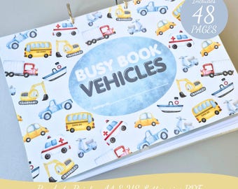 Pode incluir: Um "Busy Book" com encadernação em espiral com uma capa com ilustrações em aquarela de vários veículos, incluindo carros, caminhões e barcos. O título "Busy Book Vehicles" é exibido de forma proeminente. O livro inclui 48 páginas e está pronto para imprimir.