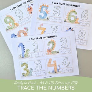 May include: Educational worksheets titled I CAN TRACE THE NUMBERS featuring watercolor dinosaur illustrations and dotted lines for practicing number formation from one to nine. The pages include various colorful dinosaurs and directional arrows.