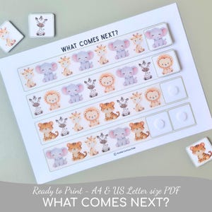 Peut inclure: Une feuille d'activité éducative imprimable intitulée WHAT COMES NEXT avec des rangées d'illustrations d'animaux de dessin animé répétitives, notamment des éléphants, des girafes, des lions et des tigres. Des tuiles carrées assorties sont incluses.