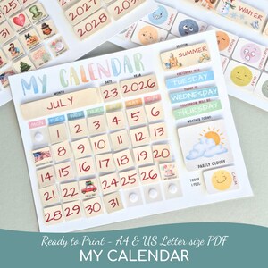 Puede incluir: Una herramienta educativa imprimible "Mi Calendario" con ilustraciones coloridas. El calendario incluye el mes de julio, fechas, clima e indicadores de estado de ánimo. El texto "Ready to Print - A4 & US Letter size PDF" es visible.