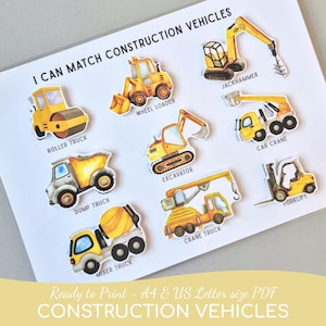 Op de afbeelding: Een witte pagina met illustraties van bouwmachines, waaronder een wiellader, wals, jackhammer, dumper, graafmachine, autokraan, betonmixer, kraanwagen en vorkheftruck. De tekst luidt "I CAN MATCH CONSTRUCTION VEHICLES".