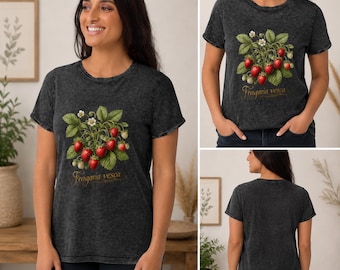 Denim T-Shirt | Botanical Strawberry T-Shirt | Fragaria Vesca Illustration | Plant Lover Gift | Vintage Washed Women's T-Shirt | Relaxed