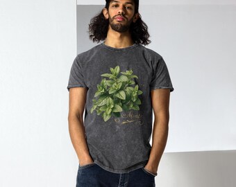 Denim T-shirt men | Vintage Mint T-Shirt | Botanical Shirt | Mentha Graphic Tee | Cottagecore Nature Shirt | Unisex Washed Cotton T-Shirt