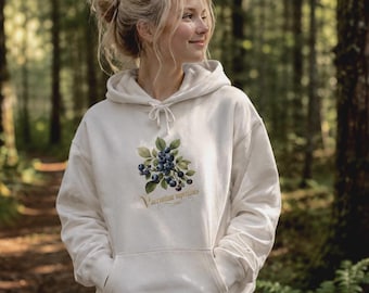 Hoodie with botanical print – nature pullover for forest lovers, cottagecore hoodie, blueberry vintage botanical cozy hoodie