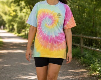 Batik T-shirt with Tree of Life embroidery, women's cotton shirt, oversized tie-dye shirt, hippie boho festival shirt, gift for her