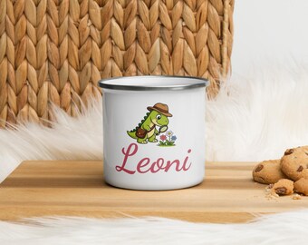 Personalized Enamel Mug Dino Naturalist, Baby Mug with Name | Dinosaur Camping Mug, Cute Gift for Kindergarten, Dino Mug