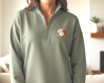 Sage Green Quarter Zip Sweatshirt with Rose Print, Floral Half Zip Pullover for Women, Vintage Style Pullover, Green Pullover, Floral Print