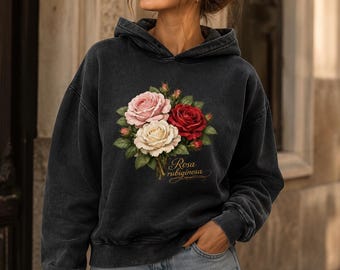 Floral hoodie, vintage style pullover, cotton hoodie, distressed look sweatshirt, women's sweatshirt, rose print hoodie, cottagecore hoodie