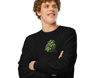 Men's Organic Cotton Sweater, Botanical Mint Sweatshirt – Vintage Herbal Illustration – Unisex Pullover, Black – Nature & Plant Design