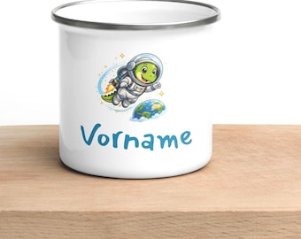 Emailletasse Baby Geschenk, Personalisierte Emaille Tasse Astronaut Dino mit Namen, Dinosaurier Kinderbecher, Campingbecher, Geschenk Baby