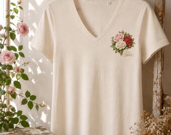 Rose T-shirt, women's cotton T-shirt, vintage style T-shirt, women's V-neck T-shirt, feminine T-shirt, breathable women's T-shirt
