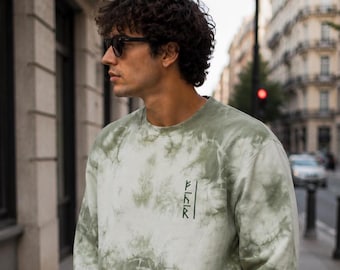 Embroidered Unisex Sweatshirt | Minimalist Symbol Design Embroidered Tie-Dye Sweatshirt Olive Premium Pullover