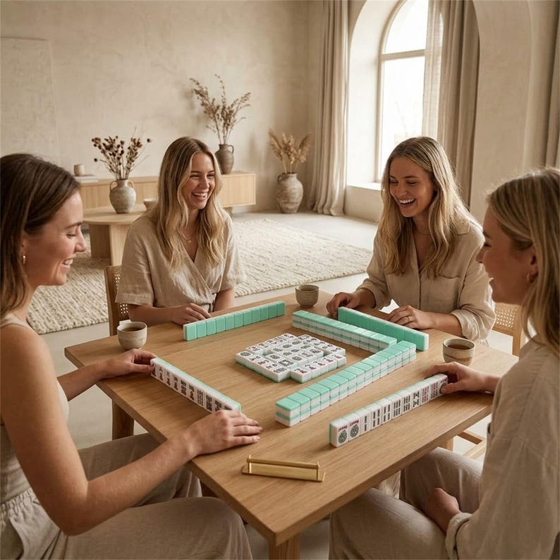 May include: A wooden Mahjong game set with mint green and white tiles is displayed on a light brown wooden table. Four people are seated around the table, smiling and playing the game. The room has a neutral color palette.