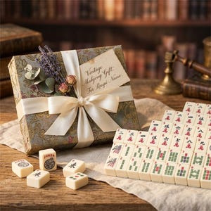 May include: A vintage Mahjong gift set. The gift box is decorated with a cream ribbon and dried flowers. The set includes ivory tiles with red, green, and black markings. Some tiles have the word "JOKER" printed on them.