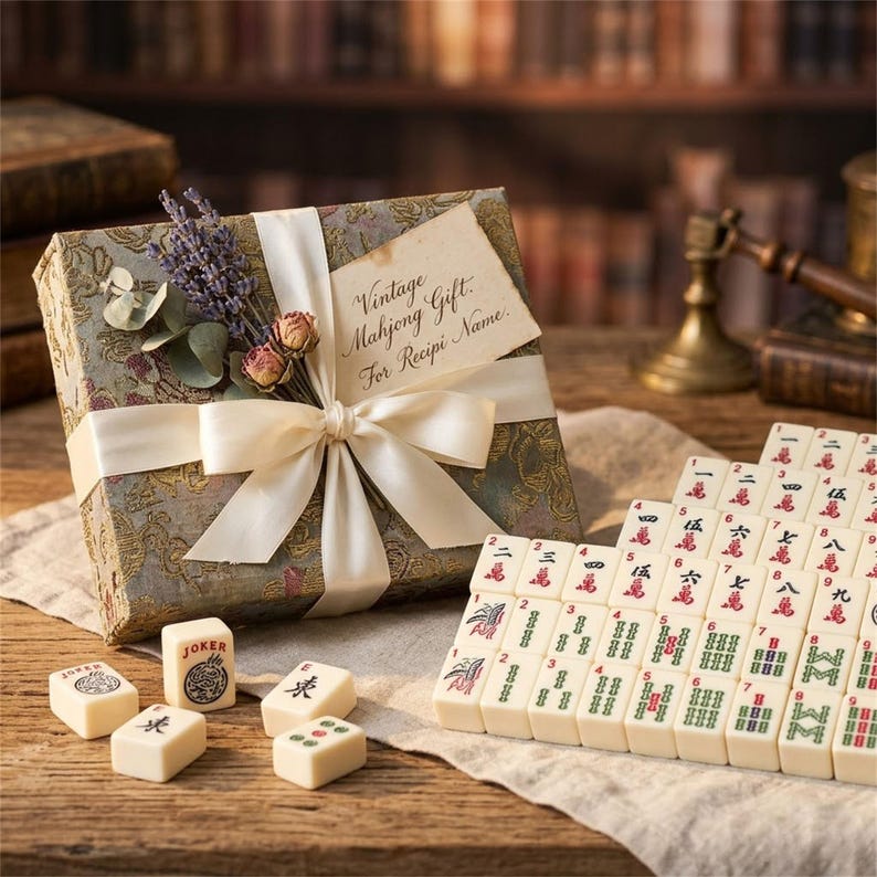 May include: A vintage Mahjong gift set. The gift box is decorated with a cream ribbon and dried flowers. The set includes ivory tiles with red, green, and black markings. Some tiles have the word "JOKER" printed on them.