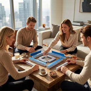 May include: A group of four people playing Mahjong on a wooden table. The game set features white tiles with black markings and blue accents. Coffee cups, snacks, and drinks are also on the table, creating a social atmosphere.