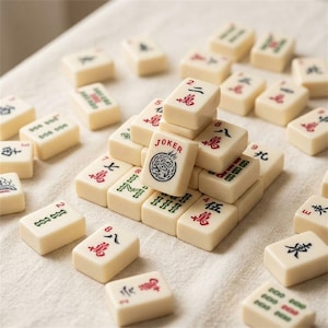 May include: Ivory-coloured Mahjong tiles with red, green, and black symbols and characters. One tile is marked "JOKER" with a circular design. The tiles are arranged on a white cloth, suggesting a game setting.