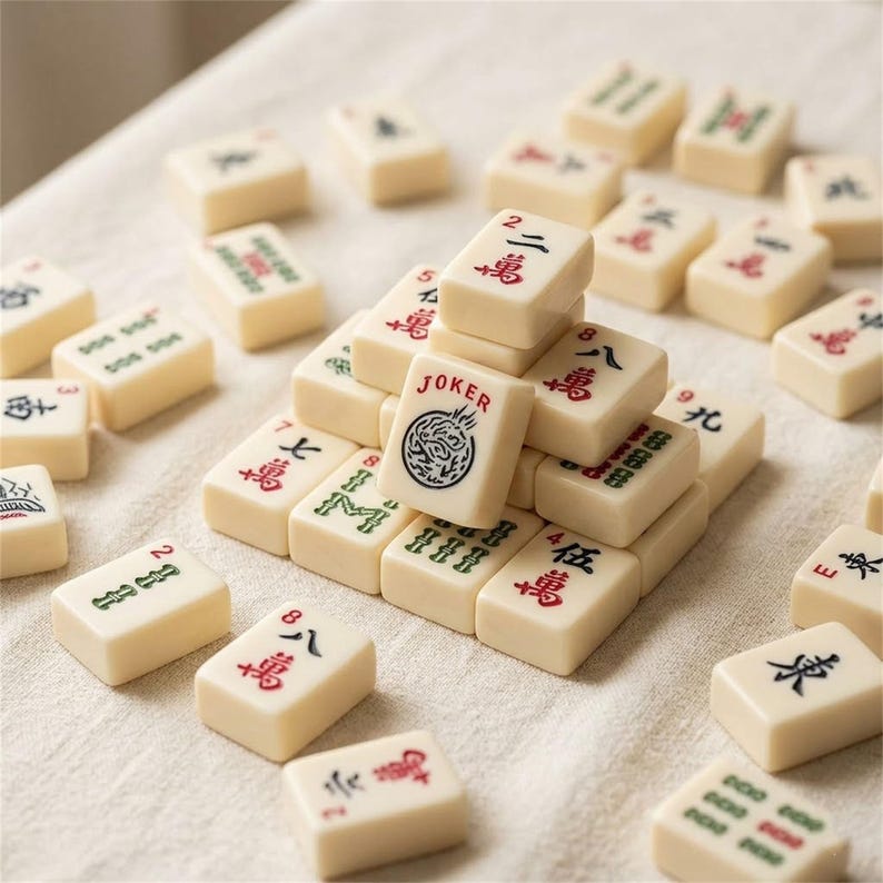 May include: Ivory-coloured Mahjong tiles with red, green, and black symbols and characters. One tile is marked "JOKER" with a circular design. The tiles are arranged on a white cloth, suggesting a game setting.
