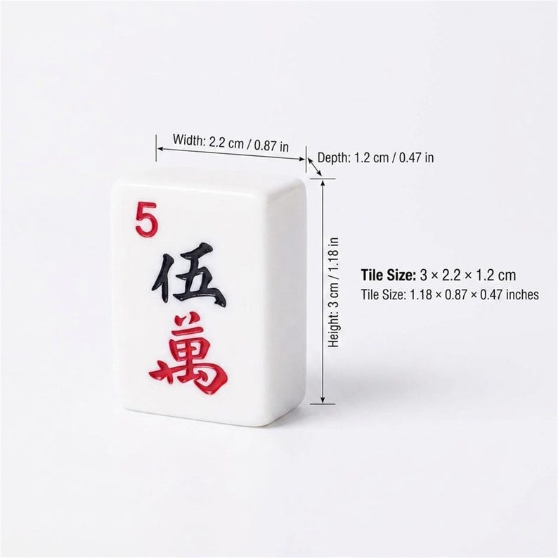 May include: A white Mahjong tile with the number 5 in red, and Chinese characters in black and red. The tile measures 1.18 x 0.87 x 0.47 inches.