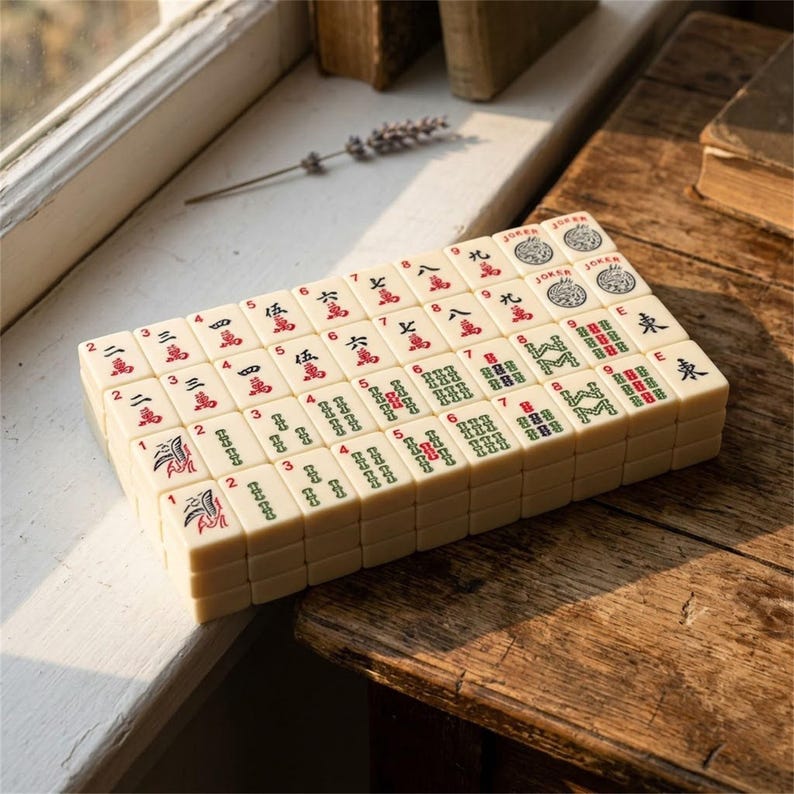 May include: A set of off-white Mahjong tiles with red, green, and black symbols and characters. The tiles are stacked on a wooden surface, with some tiles showing the word "Joker". The game set is near a window and a wooden table.