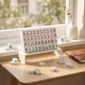 May include: A set of white Mahjong tiles with red and green symbols, arranged on a white stand. Additional tiles are scattered on a wooden table. A white vase with a plant and a brown notebook are also visible.