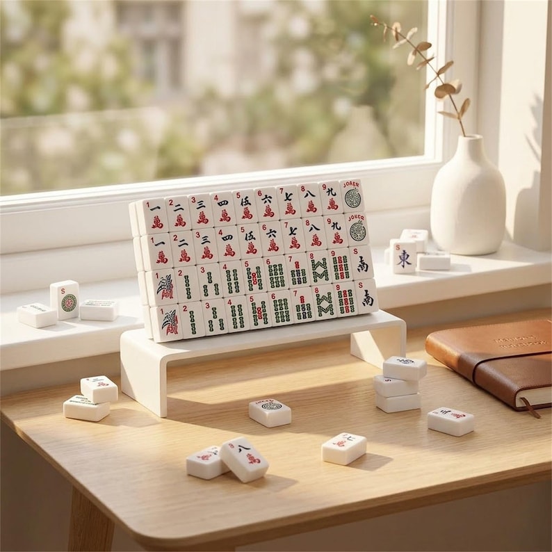 May include: A set of white Mahjong tiles with red and green symbols, arranged on a white stand. Additional tiles are scattered on a wooden table. A white vase with a plant and a brown notebook are also visible.