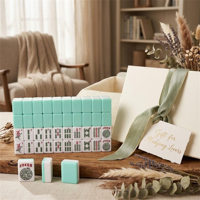 May include: A set of Mahjong tiles in a gift box. The tiles are white and teal, with various symbols and numbers. The gift box is cream-colored and tied with a green ribbon. A tag reads "Gift for Mahjong Lovers."