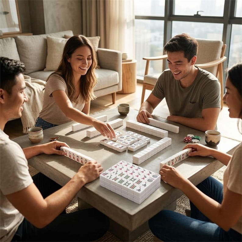 May include: Four people are gathered around a concrete table playing a game of Mahjong. The game set includes white tiles with black and red symbols, and a stack of tiles with colorful designs. The players are smiling and interacting with each other.