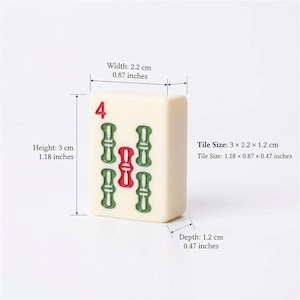 May include: A cream-coloured Mahjong tile displaying the number 4 in red, with green and red bamboo symbols. The tile's dimensions are 3 x 2.2 x 1.2 cm (1.18 x 0.87 x 0.47 inches).