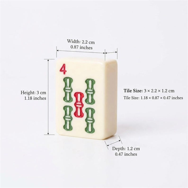 May include: A cream-coloured Mahjong tile displaying the number 4 in red, with green and red bamboo symbols. The tile's dimensions are 3 x 2.2 x 1.2 cm (1.18 x 0.87 x 0.47 inches).