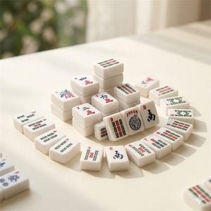 May include: A collection of white Mahjong tiles with red, green, and black markings and symbols. Some tiles are stacked, while others are arranged in a circle. The tiles feature Chinese characters and the word "Joker".