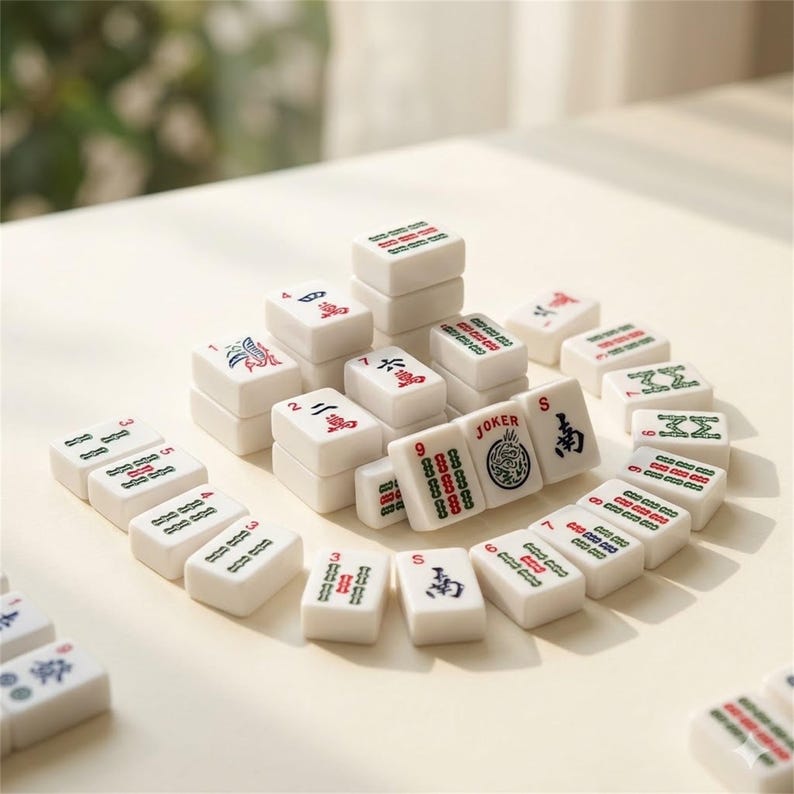 May include: A collection of white Mahjong tiles with red, green, and black markings and symbols. Some tiles are stacked, while others are arranged in a circle. The tiles feature Chinese characters and the word "Joker".