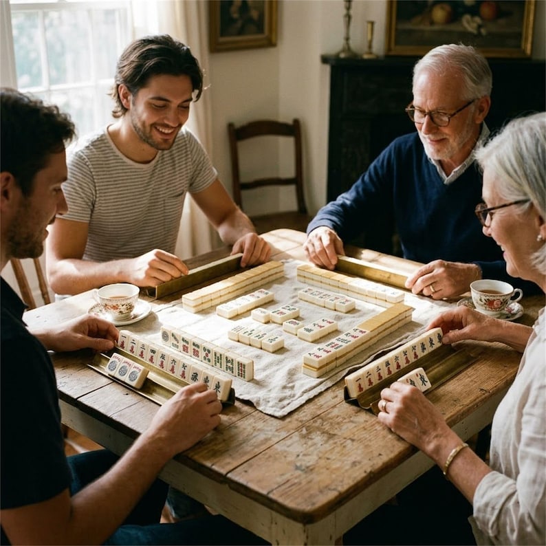 May include: Four people are gathered around a wooden table playing mahjong. The ivory-coloured tiles have black and red symbols. Teacups and saucers are on the table. The room is bright and has a relaxed atmosphere.