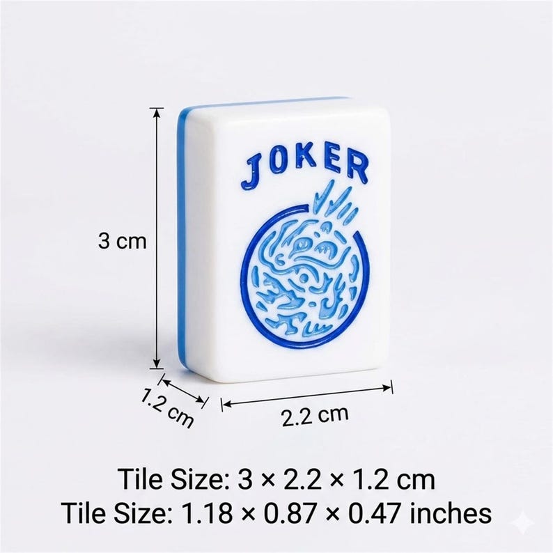 May include: A white Mahjong tile with blue edges and the word "JOKER" in blue. The tile features a blue circular design. Tile size is 3 cm x 2.2 cm x 1.2 cm, or 1.18 x 0.87 x 0.47 inches.