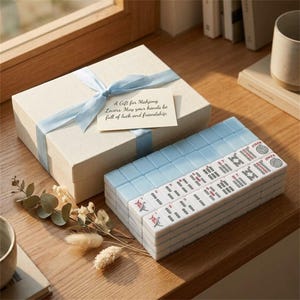 Könnte beinhalten: Ein Geschenkset für Mahjong-Liebhaber. Das Set enthält eine beige Geschenkbox mit hellblauem Band und einen Stapel Mahjong-Steine. Die Steine haben blaue Oberseiten und rote, schwarze und weiße Markierungen. Eine Karte lautet: "A Gift for Mahjong Lovers."