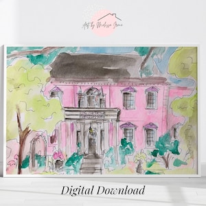 ピンクの家の壁アート | デジタルダウンロード、水彩スケッチ肖像画、印刷可能な水彩画、歴史的なサバンナ、ジョージア州サバンナのアート