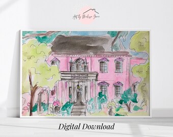 The Pink House Wall Art | Digital Download, Watercolor Sketch Portrait, Printable Watercolor, Historic Savannah, Savannah Georgia Art